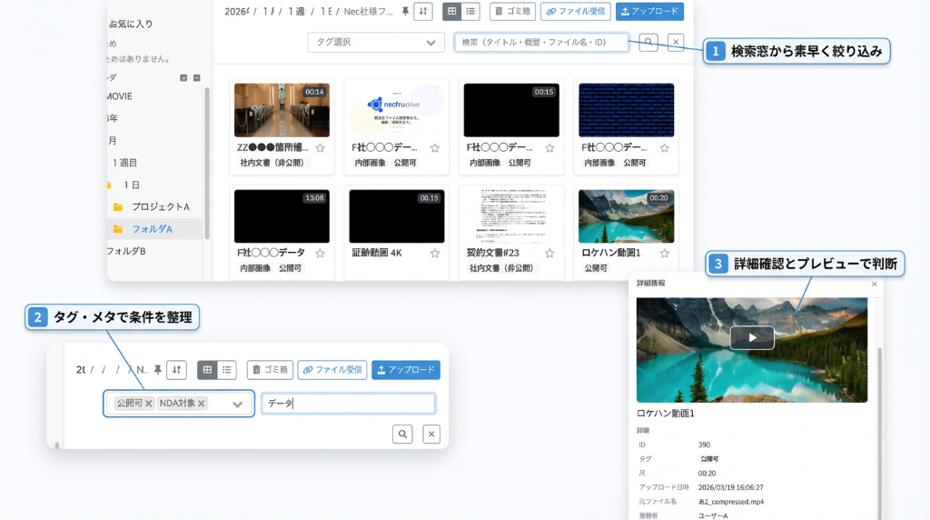 検索・タグ・プレビュー画面 — 検索窓から絞り込み・タグ条件整理・詳細確認